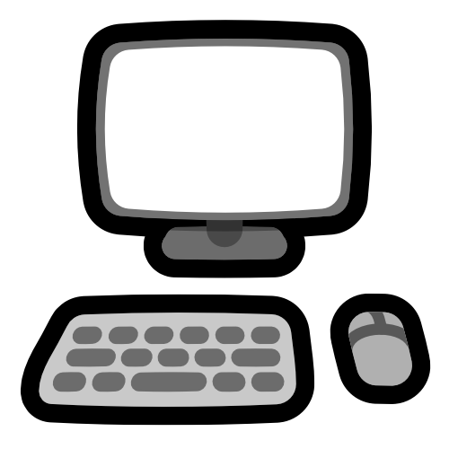  A grey monitor with a white screen, a grey keyboard, and a grey mouse